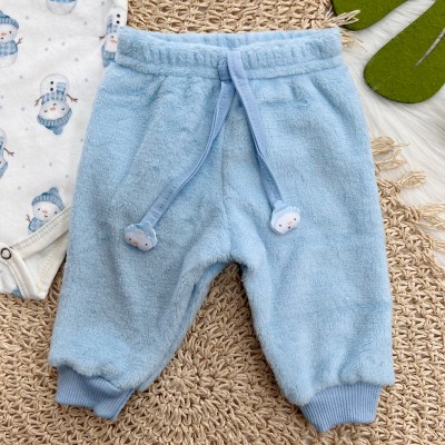 Conj. Body Manga Longa de Plush e Calça Peluciada Boneco de Neve - Azul Bebê